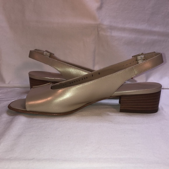 Salvatore Ferragamo “Balzac” Gazella/Gold Satin Finish Calf, 1.5” Heel, Open Toe - Picture 4 of 15